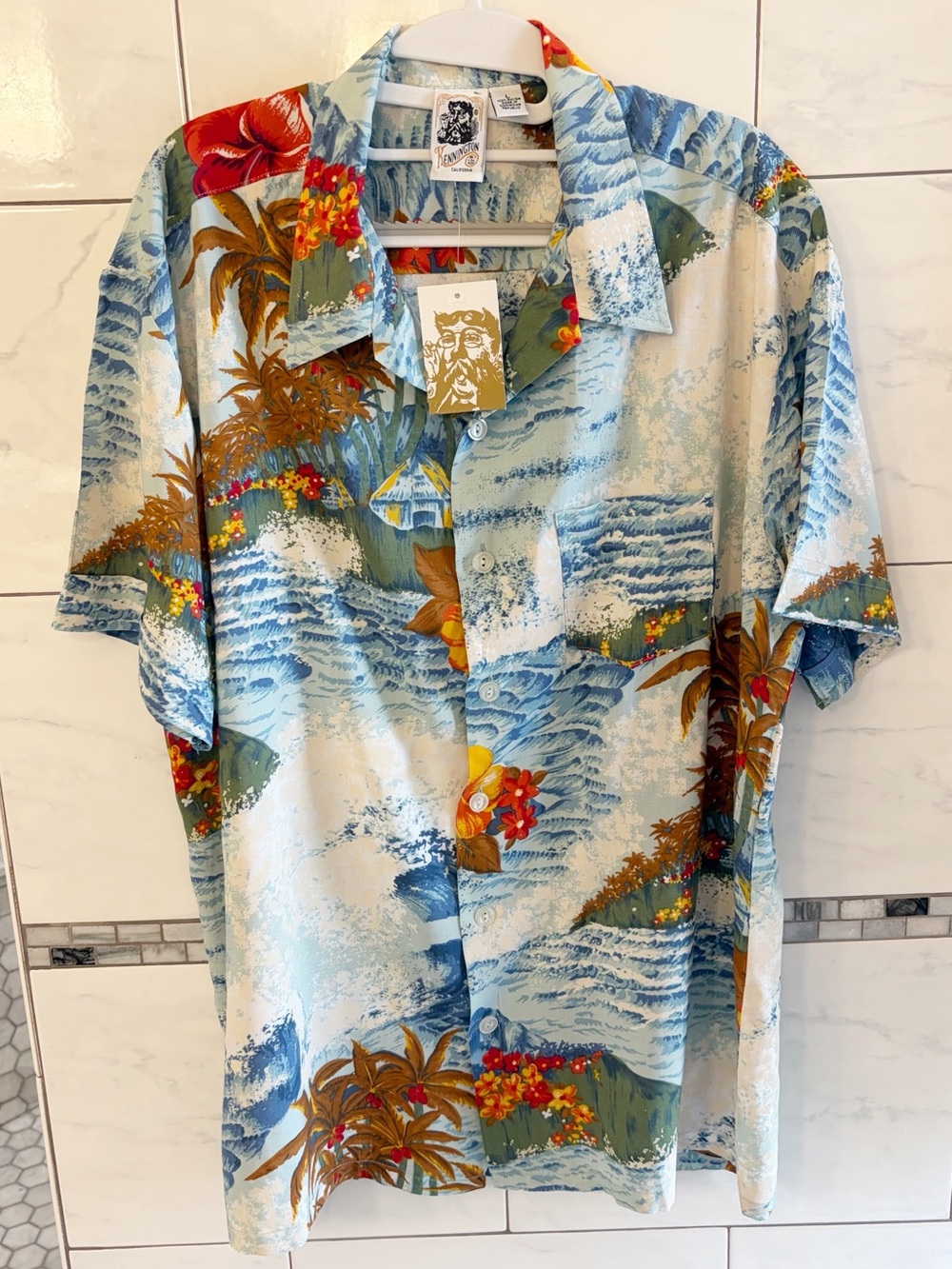 Kennington Light Blue Tropical Print Men's Hawaiian Shirt, SZ LG, New with Tags